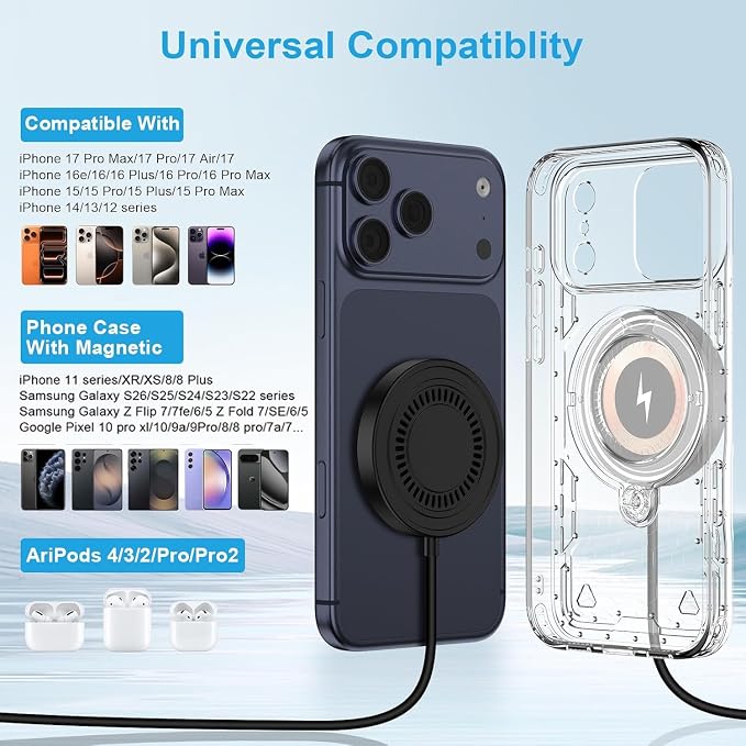 15W Magnetic Wireless Charger for Samsung S26 Ultra S26+ Android Wireless Charger Fast Charging Pad for Galaxy S25 FE Ultra S24 S23 S22 S21 Z Fold 7, iPhone 17 16 15 14 13, USB-C/A for MagSafe Charger - Image 6