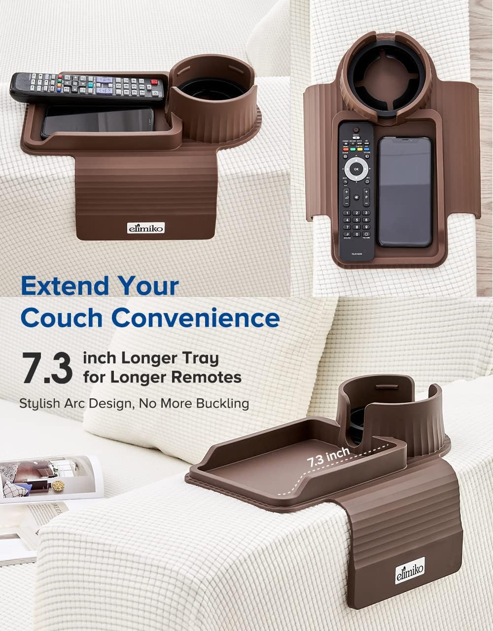 Couch Cup Holder Tray, Elimiko Silicone Sofa Drink Holder with Large Cup Holder and Tray, for Oversized Mugs/Long Remote/Snacks/Cellphone (Mocha Brown) - Image 4