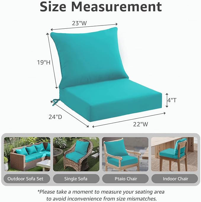 PatioGlow Outdoor Seat Cushion Set 22 x 24 x 4 Inch, Waterproof & Fade Resistant Patio Furniture Cushions with Removable Cover and Ties, Thick Deep Seating Pads for Outside Chair Sofa Couch, Teal - Image 4