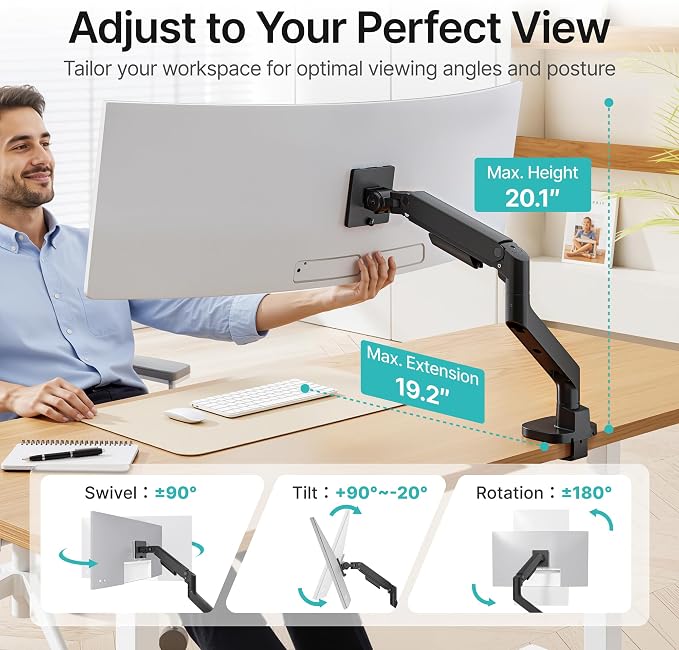 Heavy Duty Single Monitor Arm for 17-49 Inch,Holds 44 lbs, Black | Ultrawide Monitor Mount, Adjustable Gaming Desk Mount for 75/100 Vesa Mount - Image 4