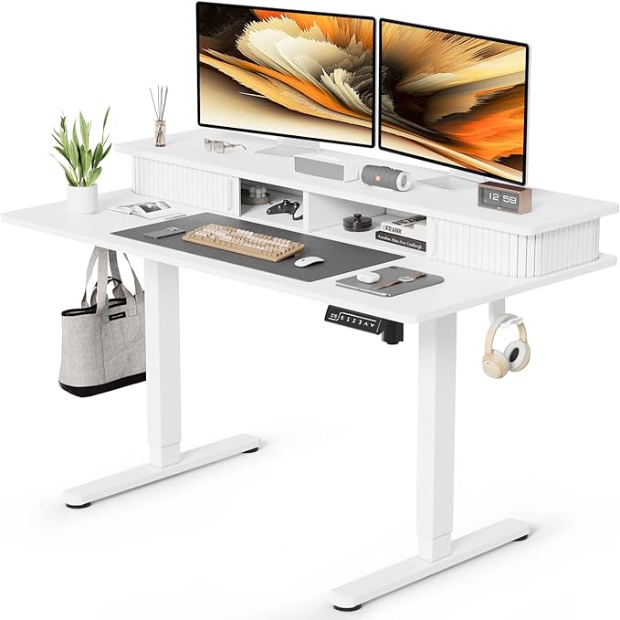 JOY worker 48" Electric Adjustable Standing Desk with Storage Monitor Stand | White Computer Desk Height Adjustable with Storage Shelves, Spacious Woskstation, Sit Stand Desk with 2 Hooks, Home Office by JOYworker