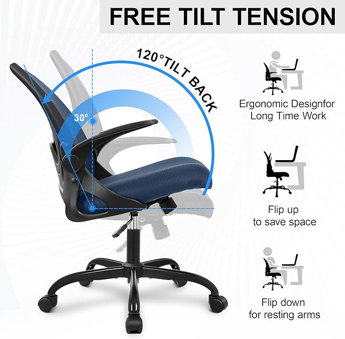 Office Chair Ergonomic Desk Chair with Flip up Armrests Swivel Breathable Desk Mesh Computer Chair with Adjustable Lumbar Support and Height for Conference Room (Navy) - Image 5