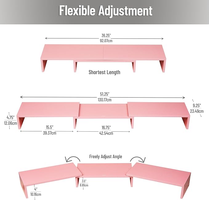 Mind Reader Dual Monitor Stand, Desktop Organizer, Laptop Riser, Office, MDF, 51.25"L x 9.25"W x 4.75"H, Pink - Image 3