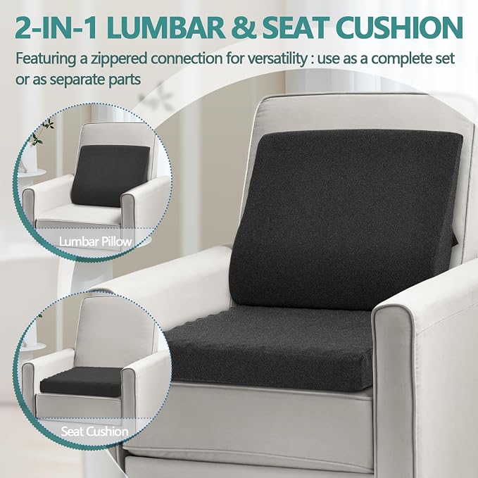 Shinnwa Lumbar Support Pillow for Recliner, Ultra-Soft Foam Back Support Pillow and Egg Crate Foam Seat Cushion 2-in-1 for Couch, Office Chair, for Back Pain Relief, Charcoal - Image 2