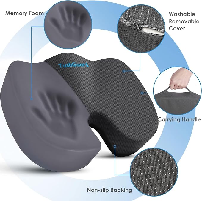 Seat Cushion for Office Chair, Car, Memory Foam, Grey X-Large | For Back, Coccyx, Sciatica, Tailbone Pain, Ergonomic Design, Non-Slip, Desk Wheelchair Use, Supportive Butt Pillow, For Man - Image 3
