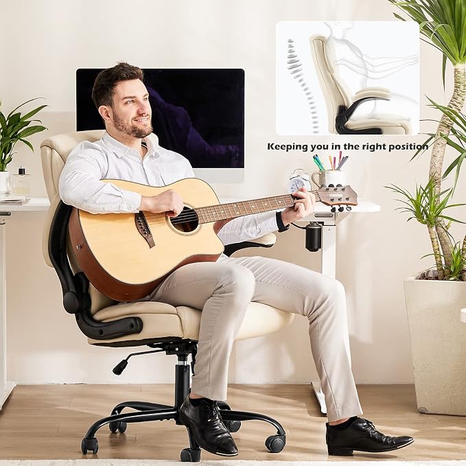 OLIXIS PU Leather Desk Chair, Ergonomic Office Chair, Flip-up Armrest | High Back, Swivel Rolling Wheels, Heavy Duty, 275lbs,Comfortable,Executive, White - Image 2