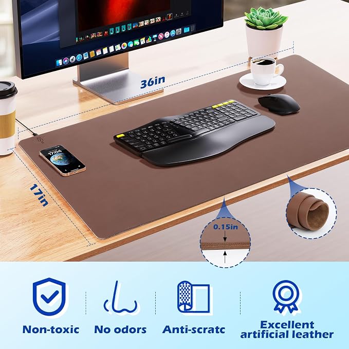 Wireless Charging Desk Mat, Mouse Pad, Brown-L, 36 * 17inch - Image 2