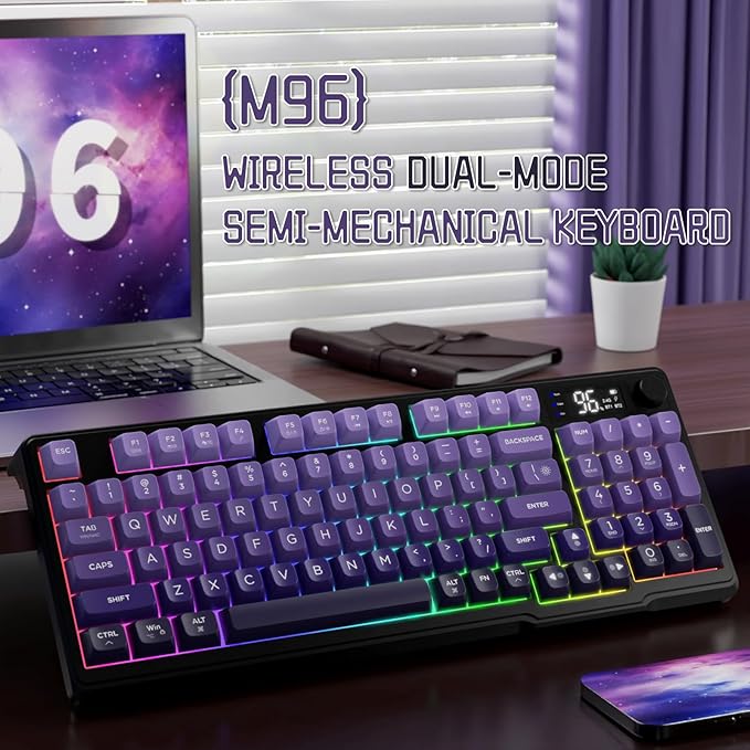 LexonElec M96 Wireless Keyboard, Low Profile Quiet Typing Membrane Gaming Keyboard with Smart Display & Knob, RGB Backlit, USB C Rechargeable, 94 Keys PBT Keycap for Windows PC,Mac,Linux-Grape Purple - Image 2