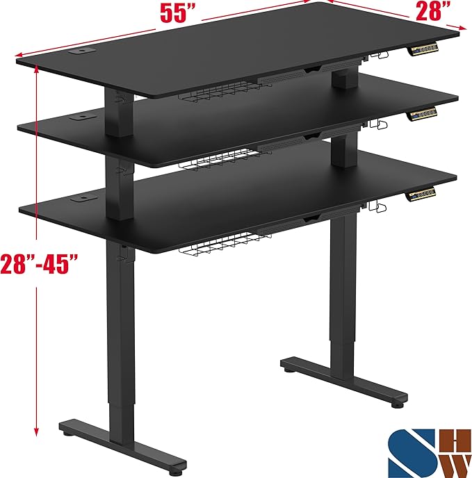 SHW 55 x 28 Electric Height Adjustable Standing Desk w/Drawer, Black | w/ Memory Presets and Cable Management | Drawer with adjustable compartments | Hanging Hooks - Image 3