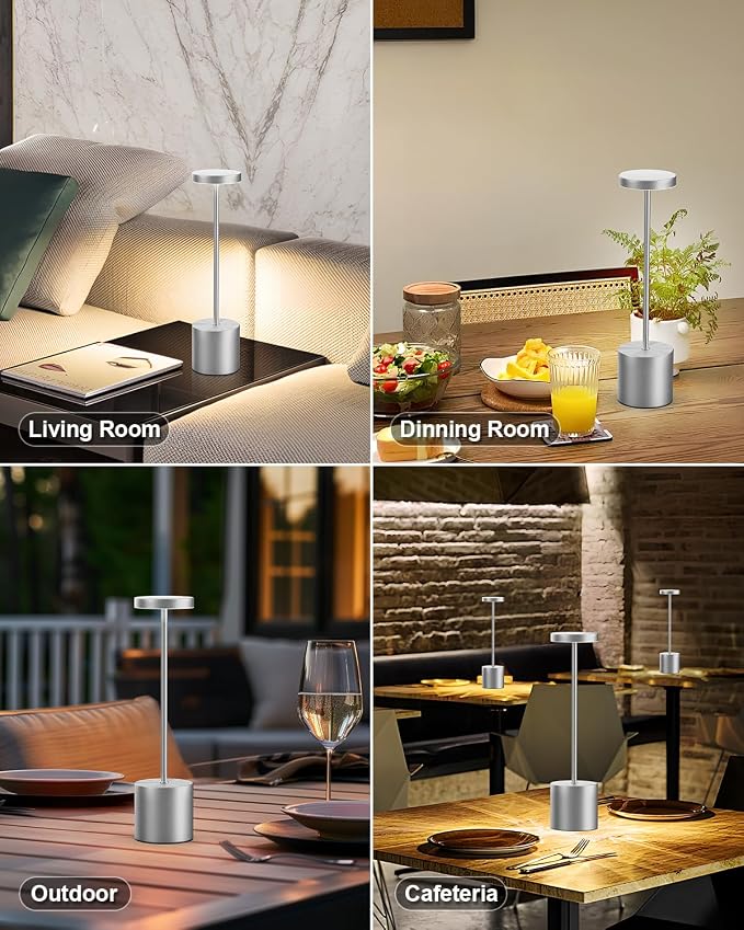 Silver Cordless Table Lamp Rechargeable - 2 Pack 5000mAH Battery Operated Lamp for Counter, 3 Color Stepless Dimming Waterproof LED Wireless Lamp for Dining Kitchen, Outdoor Patio, Touch Control - Image 7