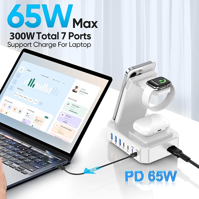 300W Charging Station for Multiple Devices Apple, Zutspzss 10 in 1 Wireless Charger for iPhone 17, GaN III USB C 65W PD Fast Charging Stand Dock for MacBook, Apple Watch&Airpods,White - Image 3