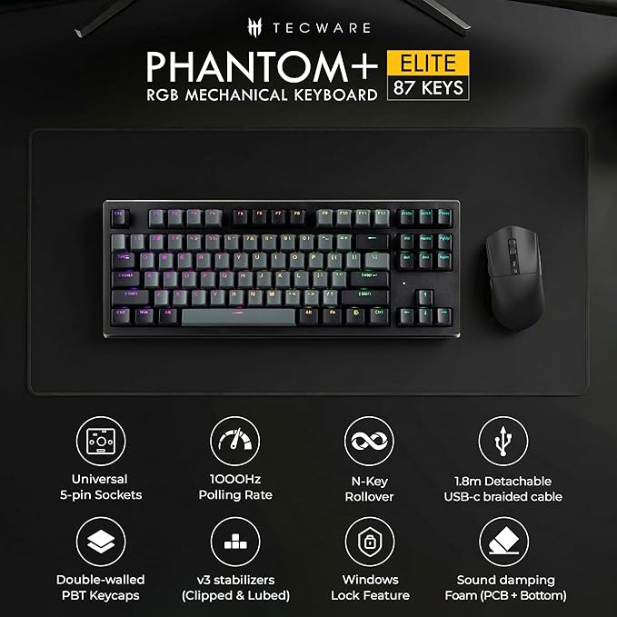 TECWARE Phantom+ Elite 87 Key RGB Mechanical Gaming Keyboard | 3 Mode Wireless Bluetooth 5.0 2.4GHz & USB C Wired | Hot Swappable 5 Pin | Double Shot PBT Keycaps | Wraith Red Switch - Black - Image 2