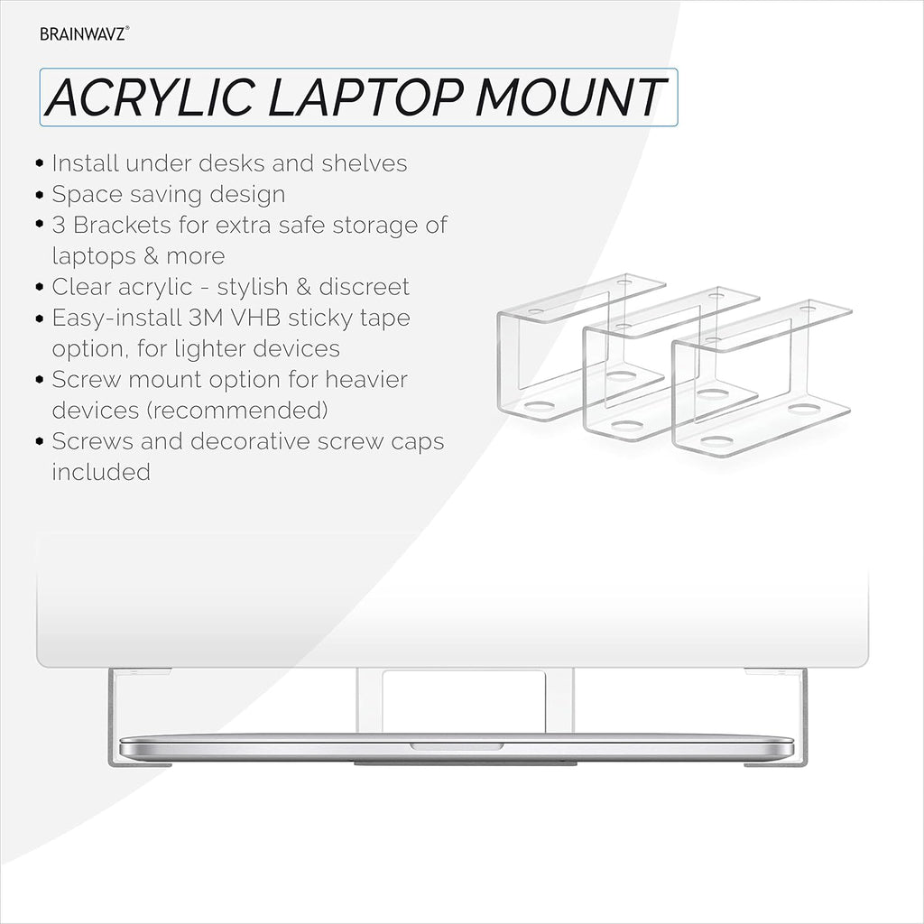 BRAINWAVZ Transparent Under Desk Laptop Holder Mount with Adhesive & Screw in, Devices Upto 1.8" Thick for Laptops, Macbooks, Surface, Cable Box, Routers, Keyboard, Modems, Network Switch & More - Image 2