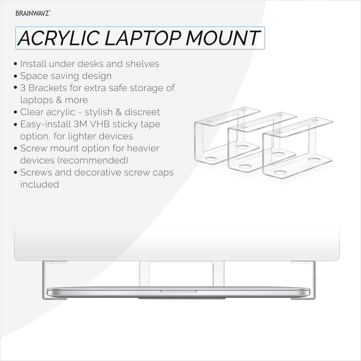 BRAINWAVZ Transparent Under Desk Laptop Holder Mount with Adhesive & Screw in, Devices Upto 1.8" Thick for Laptops, Macbooks, Surface, Cable Box, Routers, Keyboard, Modems, Network Switch & More - Image 2