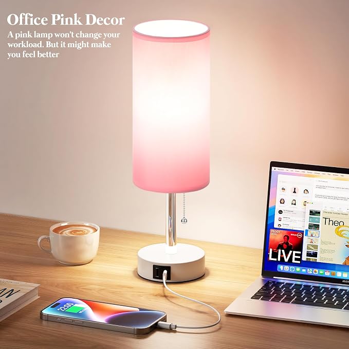 Dicoool Pink Bedside Table Lamp for Girls Bedroom - USB A+C Charging Ports | 3 Color Temperatures, Bulb Included, Pink Fabric Shade, White Metal Base, Cute Pink Room Decor, 14" Desk Lamp for Kids Dorm - Image 7