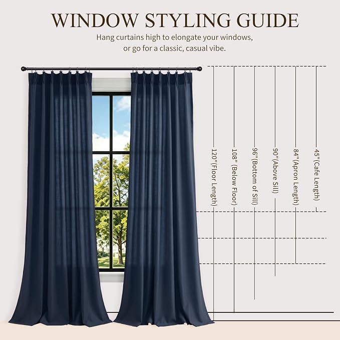 Hokibero Navy Blue Pleated Linen Curtains 84 Inch Long for Living Room | Light Filtering Sheer Curtain,Pinch Pleat Back Tab Hooks Rings,Farmhouse Textured Privacy Drapes for Bedroom Window,2 Panels - Image 9
