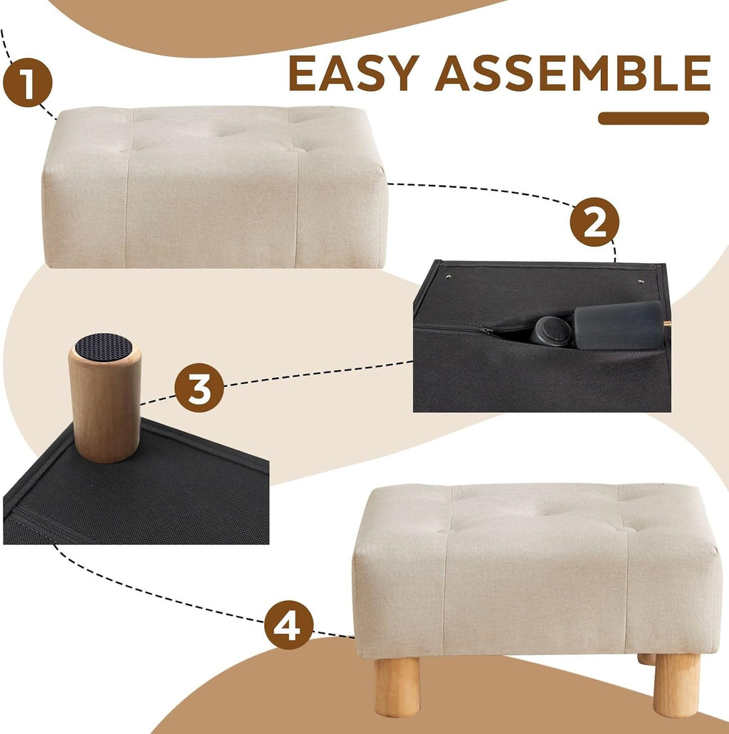 Small Foot Stool Ottoman, Linen Footstool Ottoman Foot Rest for Couch, Rectangle Footstools and Ottomans Small for Living Room, Entryway and Bedroom (Beige) - Image 6