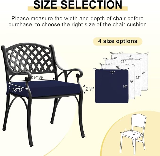 downluxe Waterproof Outdoor Chair Cushions for Patio Furniture, 18" x 18" x 2" Patio Chair Cushion with Adjustable Ties & Portable Handle, Square Outdoor Cushion with Removable Cover, Navy, 2 Pack - Image 6