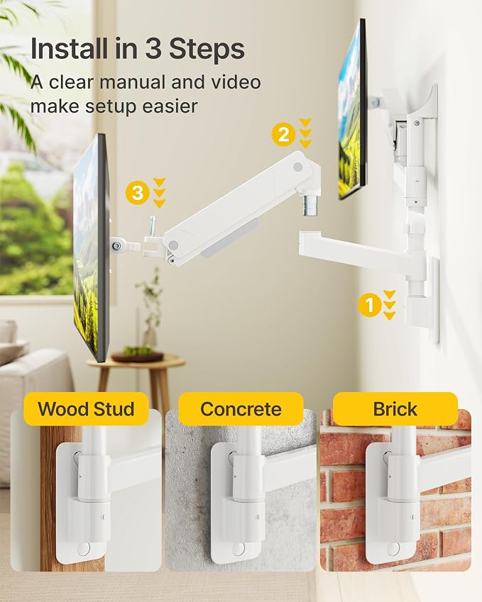 monTEK Vertical Dual Monitor Wall Mount for 17-35" Screens, 35.2 Lbs Each | Heavy Duty Dual Monitor Arm, Full Motion, 75x75/100x100 Compatible, for Flat/Curved Monitors, Home Office & Gaming, White - Image 5