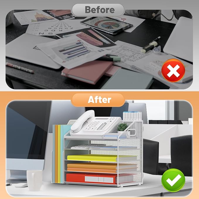 DocNest 5 Tier Metal Mesh Desk File Organizer with Phone Shelf, White | Desktop letter tray sorter features a 9.1x9.1 inch top phone holder, built-in sticky note compartment and pen holder - Image 3