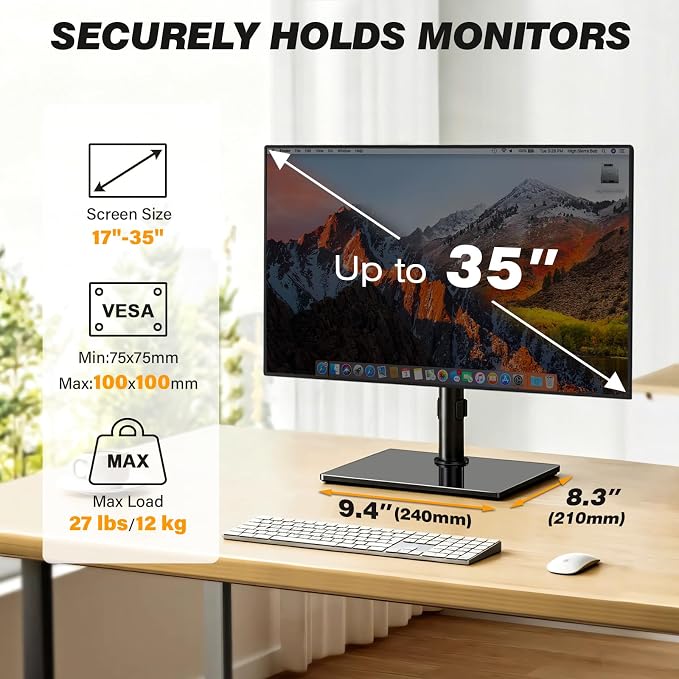 5Rcom Single Monitor Freestanding Stand, Holds Screens 17-35 Inch Regular and Ultrawide, Square Tempered Glass VESA Mount Base, Adjustable Height, Tilt, Swivel, Rotation, Black - Image 3
