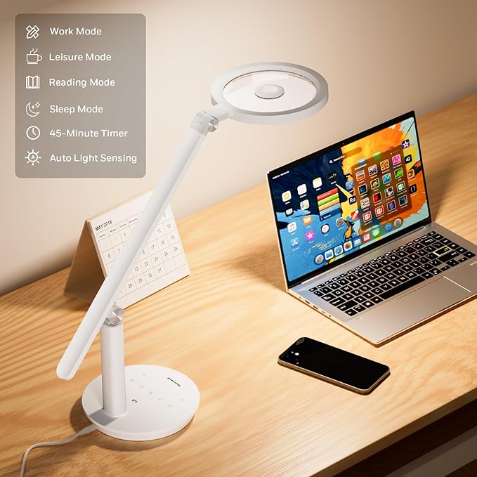 Honeywell H6 Desk Lamp for Home Office, Dimmable Reading Table Light, White | Sunturalux CRI≥97, RG0 Low Blue Light, Flicker-Free, 800LM Dimmable with Timer for Webcam, Study, Office & Bedroom - Image 5