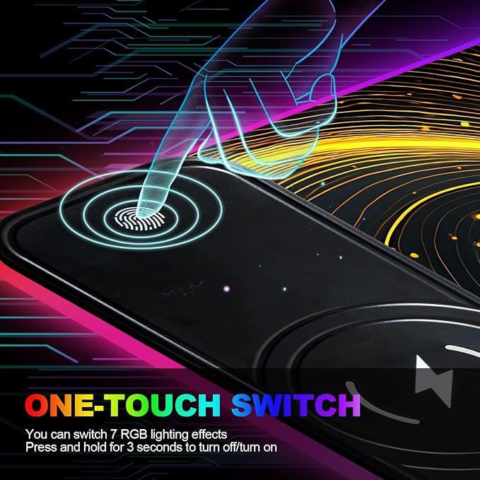 Wireless Charging RGB Gaming Mouse Pad, 31.5 x 11.8 Inch Extended Mouse Mat with Black & Gold Abstract Wave Design, LED Desk Pad with 7 Lighting Modes, Non-Slip Base for Gaming & Office - Image 7