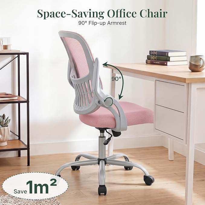 Home Office Desk Chair with Flip-up Armrest, Computer Chair | Lumbar Support, Height Adjustable, Mesh Mid-Back, Ergonomic Task Gaming Chair with 360° Swivel Wheels for Adults, Pink - Image 5