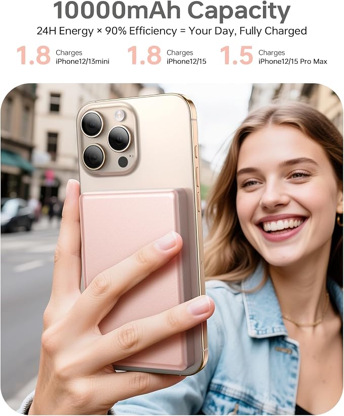 ULiXWH 10,000mAh for MagSafe Power Bank Ultra-Slim Fast Charging for Travel | Magnetic Wireless Charger with USB-C Cable, Portable Battery Pack for iPhone 17 Pro Max/17 Pro/Air/16/15/14/13, Rose Gold - Image 2
