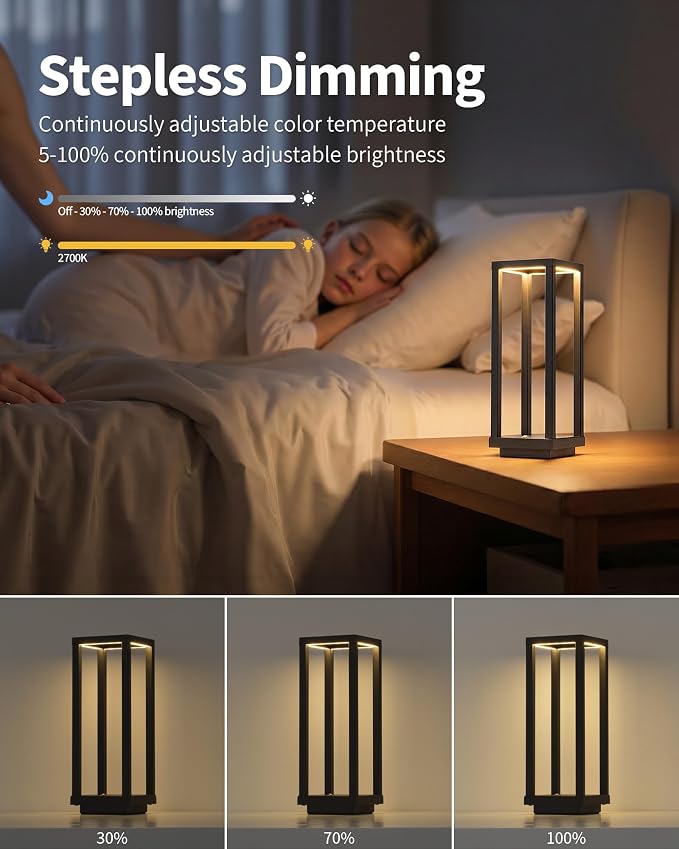 PUSU Cordless Waterproof Table Lamps Set of 2, Black LED Outdoor Desk Lamp | Rechargeable 4000mAh Battery Operated, 2700K 3-Level Dimmable, Portable Lighting for Patio, Camping, Bedroom, Night Light - Image 7