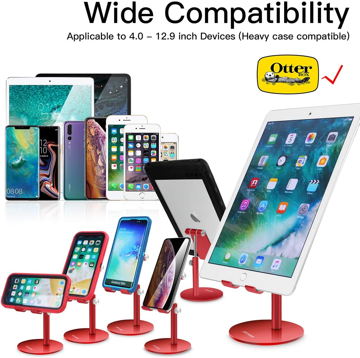 Adjustable Tablet/Phone Stand, AICase Telescopic Adjustable iPad Stand Holder,Universal Multi Angle Aluminum Stand Compatible with iPhone Smart Cell Phone/Tablet/iPad(4-13 inch), Red - Image 2