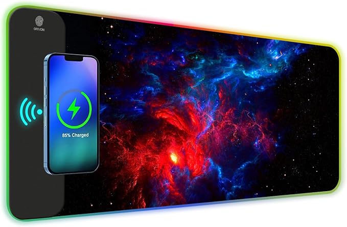 ToLuLu RGB Wireless Charging Gaming Mouse Pad, 7.5/10/15W 10 Light Modes LED Mouse Pad Computer Keyboard Mat Mousepad, 800x300x4MM Extended Large Desk Pad Desk Mat for Gamer, Red Blue Galaxy by ToLuLu