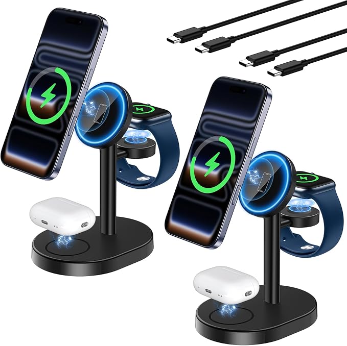 2 Pack Hevanto 2026 3 in 1 Wireless Charging Station for Apple MagSafe Charger, 15W Fast Magnetic Mag-Safe Charger Stand for iPhone 17 16 15 14 13 12 Apple Watch AirPods (Adaptor Not Included) by Hevanto