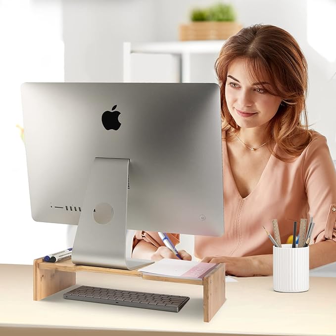 Solid Wood Monitor Stand Riser, Monitor Riser with 2 Adjustable Height, 15.8 inch Computer Riser for Computer, iMac, PC, Printer, Computer Monitor Stand for Home & Office, Natural - Image 5