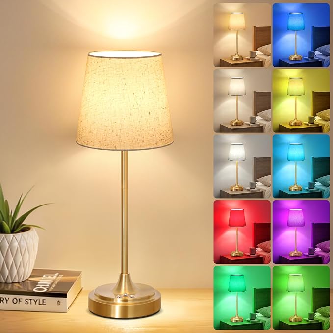 Wowag Cordless Table Lamp Rechargeable,5000mAh Battery Operated Desk Lamp,3 Colors & 7 RGB Stepless Dimmable,Touch Control Ambient Light for Bedside,Bedroom,Dining Room,Living Room,Gold,FlaxenShade by Wowag
