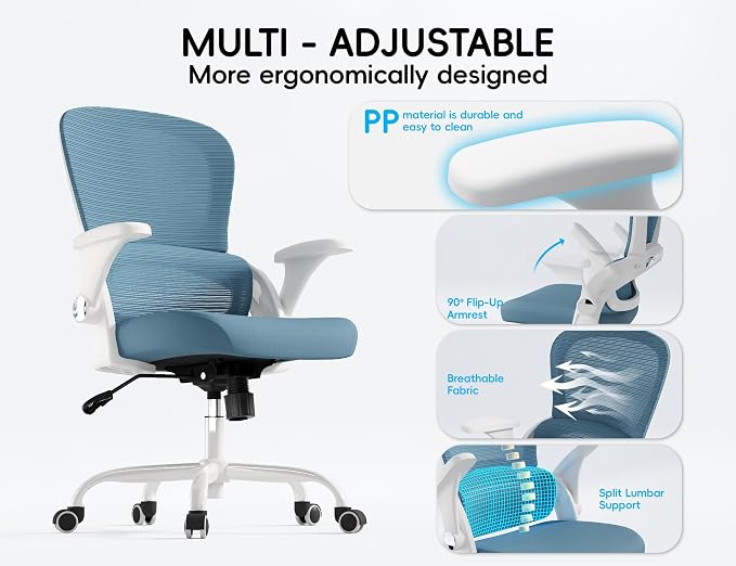 TRALT Office Chair - Ergonomic Office Chair with Back Support for Adults | Home Office Desk Chair with Lumbar Support - Ergonomic Mesh Chairs 330 lb Wide Seat for Work, Study, Office, Gaming(Blue) - Image 6