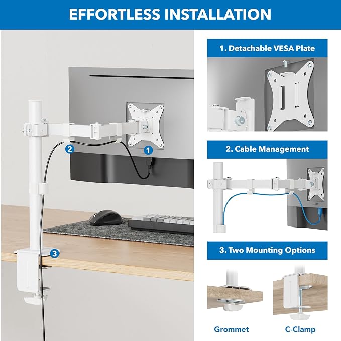 Mount-It! Single Monitor Arm Desk Mount, 17-32", White | Full motion with tilt, rotation, swivel & height adjustment along pole, clamp or grommet, VESA 75/100. - Image 8