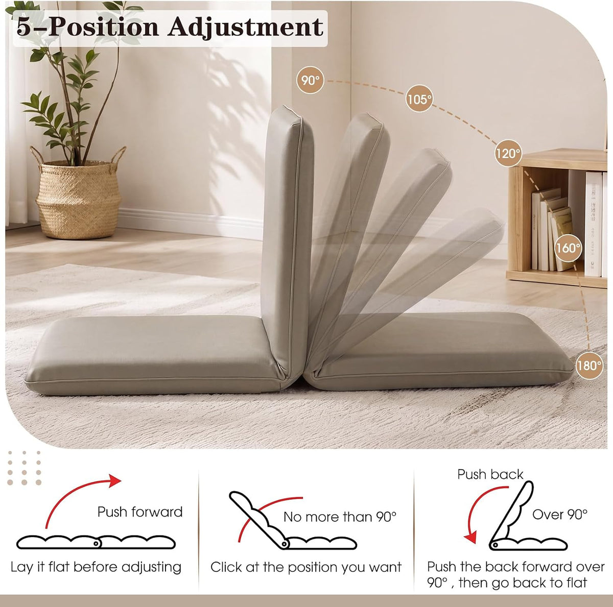 Floor Chair with Back Support 5 Adjustable Position Khaki, XL - Image 3