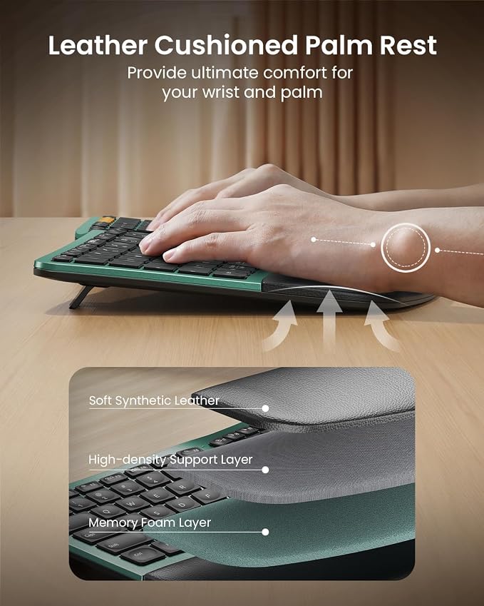 ProtoArc EK01 Plus Backlit Bluetooth Ergonomic Keyboard, Full Size, Green | Adjustable brightness, split design, cushioned wrist rest, connect 3 devices via Bluetooth/2.4G, 2000mAh USB-C rechargeable. - Image 8