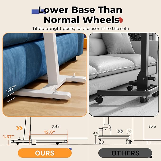 JOY worker Low Height Small Mobile Standing Desk, 90° Foldable Laptop Desk | Height Adjustable TV Tray Table, 21.65" White MDF Tilt Board, Portable Desk with Low Base & Hidden Wheels, Couch Sitting Use - Image 6