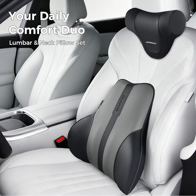 Coverado Lumbar Support Pillow for Car, Ergonomic Memory Foam Back Pillow for Office Chair, Back Cushion for Back Pain Relief, PU Leather Car Lumbar Support for Driving Seat - Black&Gray - Image 8