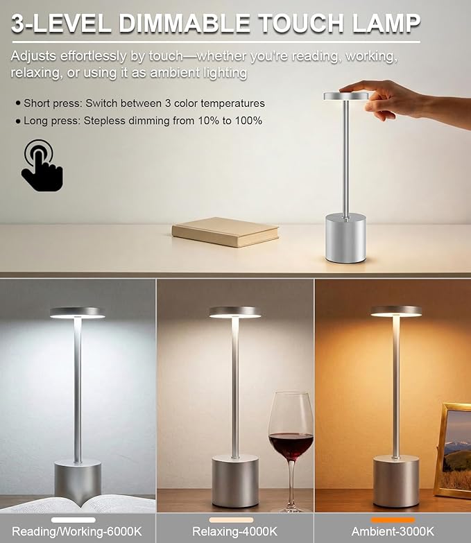Silver Cordless Table Lamp Rechargeable - 2 Pack 5000mAH Battery Operated Lamp for Counter, 3 Color Stepless Dimming Waterproof LED Wireless Lamp for Dining Kitchen, Outdoor Patio, Touch Control - Image 5