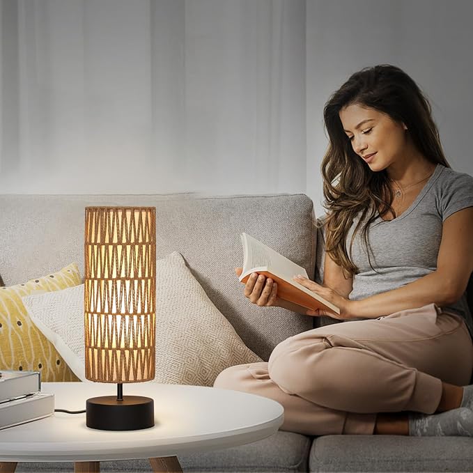 Rattan Table Lamp, Touch Control Bedside Table Lamp with Black Base, 3 Way Dimmable Nightstand Lamp with Dual-layer Shade, Boho Night Light for Bedroom Living Room Home Office, 9W LED Bulb Included - Image 5