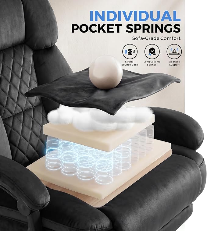 GTPLAYER Big and Tall Office Chair with Pocket Spring Cushion & Ergonomic Lumbar Support for Lower Back Pain Relief, High Back Computer Gaming Chair with Foot Rest, Soft Velvet Fabric, Black - Image 4