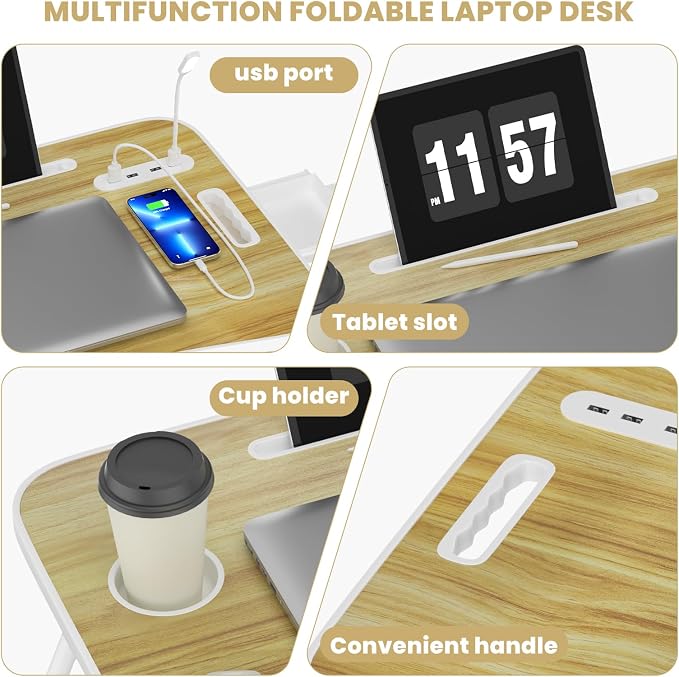 Lap Desk for Laptop Tray, Foldable Laptop Bed Desk with Storage Drawer | Bed Laptop Table for Adults with Light & Cup Holder & USB Ports, Laptop Stand for Couch Writing Reading Eating, Walnut - Image 5