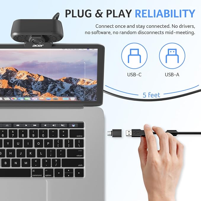 Acer A640 4K Webcam with AI Noise Canceling Mic for Streaming Meetings | Sony 1/2.8" Sensor, PDAF Autofocus, 2K 1080P/60fps, A to C Adapter, Computer Camera for switch 2 Camera Teams Zoom Facetime - Image 6