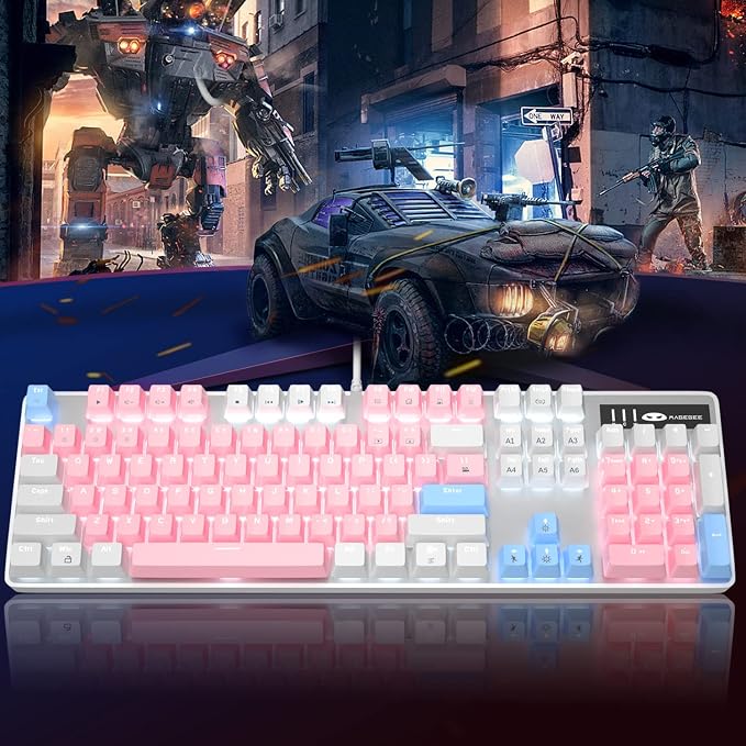 MageGee Mechanical Gaming Keyboard, New Upgraded Blue Switch 104 Keys White Backlit Keyboards, USB Wired Mechanical Computer Keyboard for Laptop, Desktop, PC Gamers(White & Pink) - Image 6