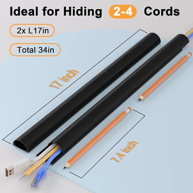 ZhiYo 34in Cord Hider for 2-4 Wall-Mounted TV Wires, 1.4" W x 0.7" H, Black | Split-Hinge Design for Easy Installation, Half-Round Glazed Finish Ideal for Wall/Baseboard, Self-Adhesive, 2 Pack (17" Each) - Image 2