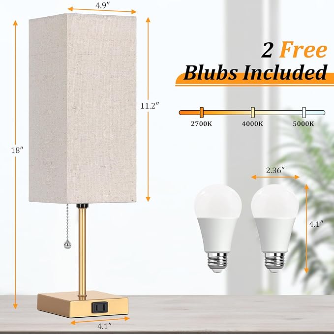 Table Lamp for Bedroom set of 2,3-Color Bedside Lamps with Pull Chain | Table Lamps for Nightstand with AC Outlets,18'' Night Light Lamps with 2 Bulbs Lamps for Living Room Kids Office Decor（Glod） - Image 4