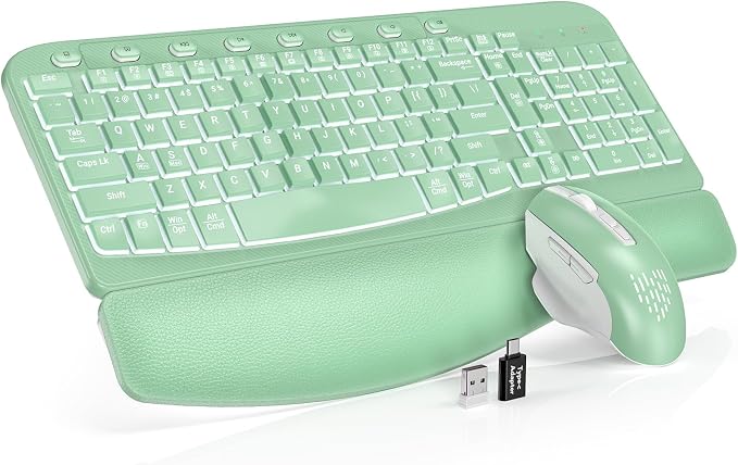 Wireless Keyboard and Mouse Combo, Ergonomic Wave with Wrist Rest | Rechargeable, Backlit Keys, Full Size, 2.4GHz USB Wireless, Leather Finish, MA12Pro Quiet Set for Windows, Mac, PC, Laptop by SABLUTE